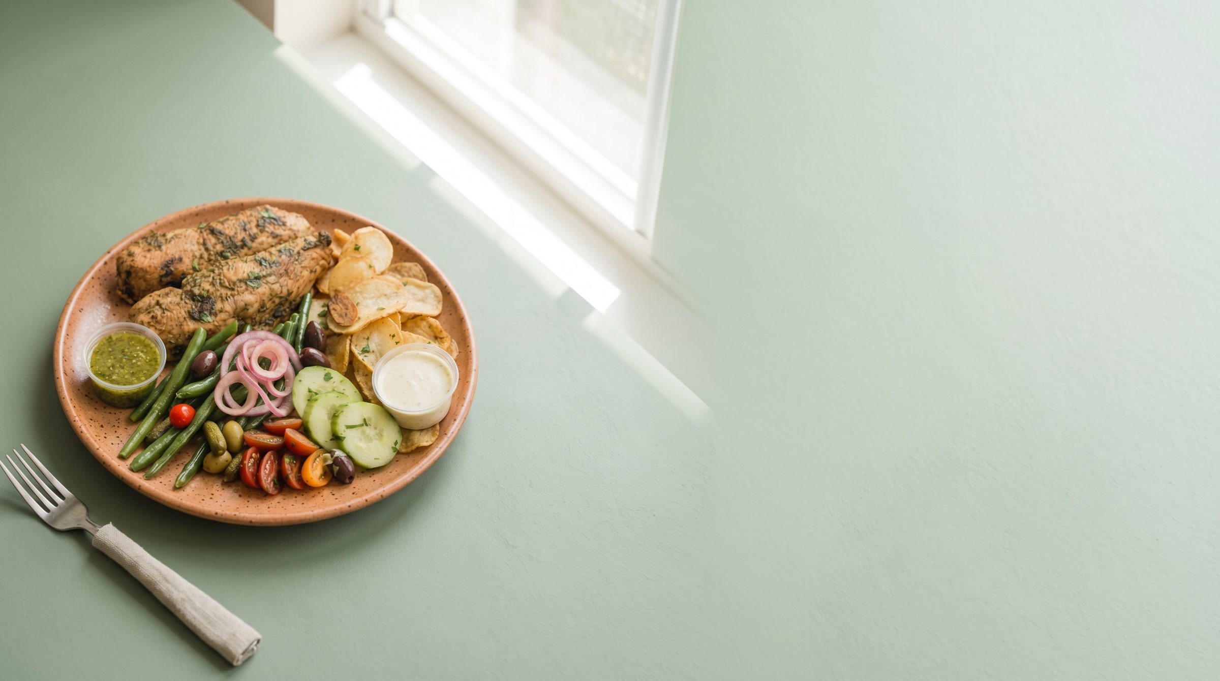 Crispy fried fish with lemon and herbs on a sage plaster surface
