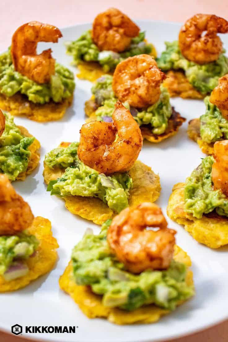 Plantain avocado shrimp crostini