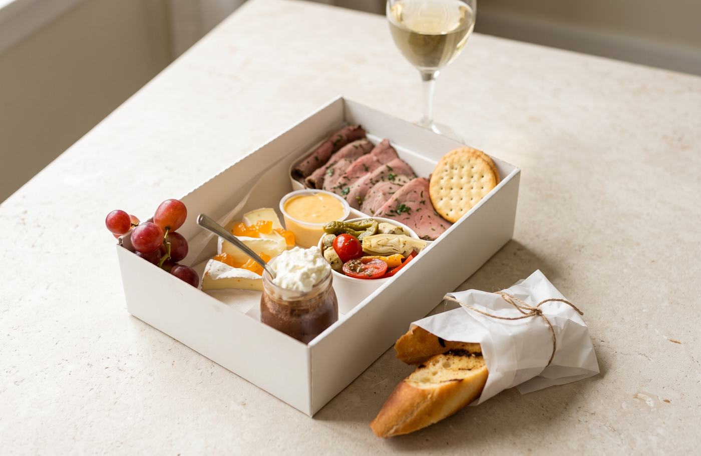 Boxed lunch with grilled baguette